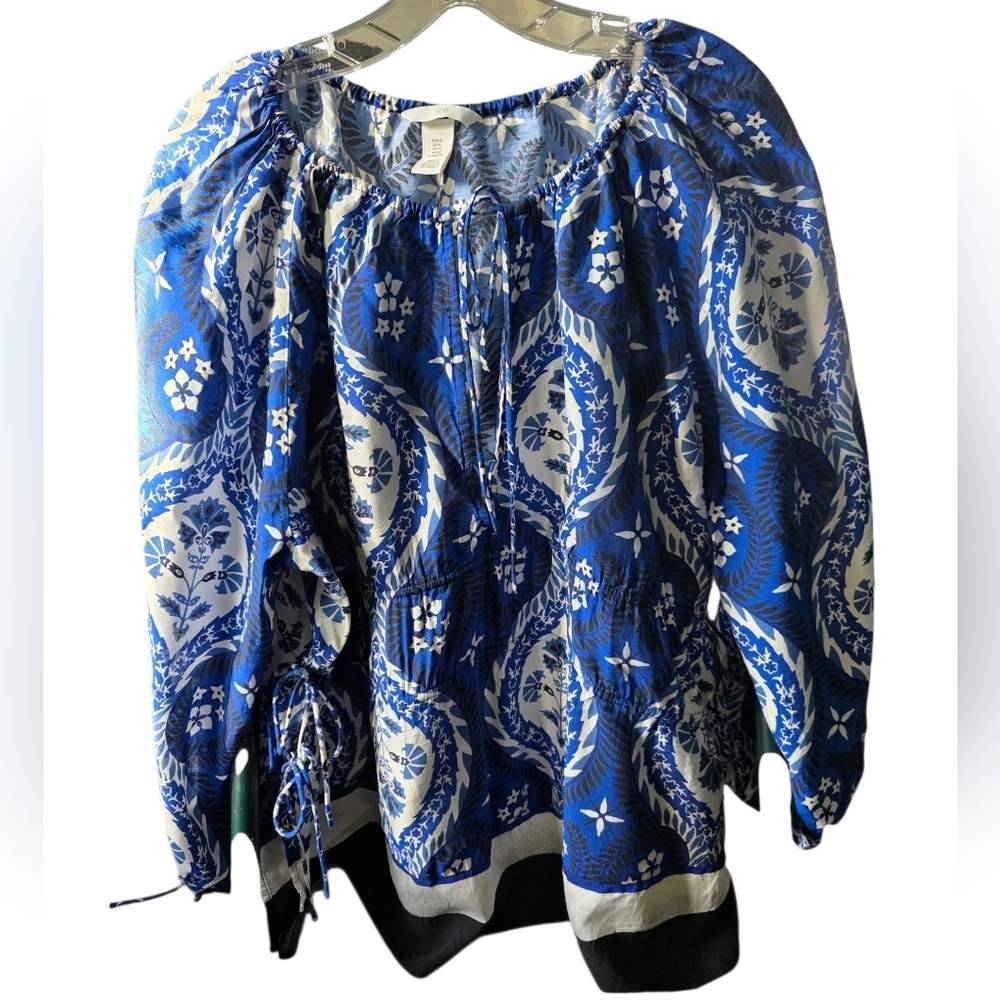 H&M Blue and White Patterned Drawstring Blouse Size X-Large
